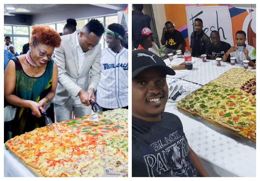 Man nearly loses breath while trying to beat DJ Mo’s pizza eating record (Photos)