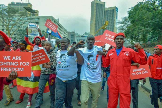 Kenyans demonstrating in the streets of Nairobi demanding the release of Bobi Wine