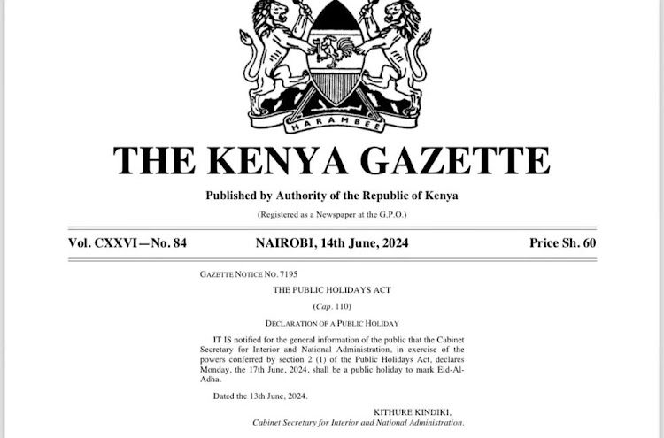CS Kithure Kindiki announces that Monday, June 17 will be a public holiday