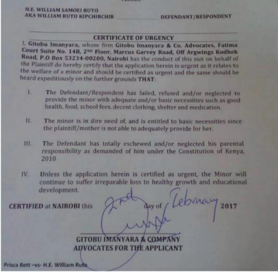 Court papers suing Ruto for being a Dead Beat Dad