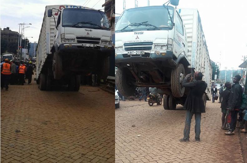 Witchcraft? Drama in Kisii town as lorry stops to take a selfie with its front wheels lifted up in the air (Photos)