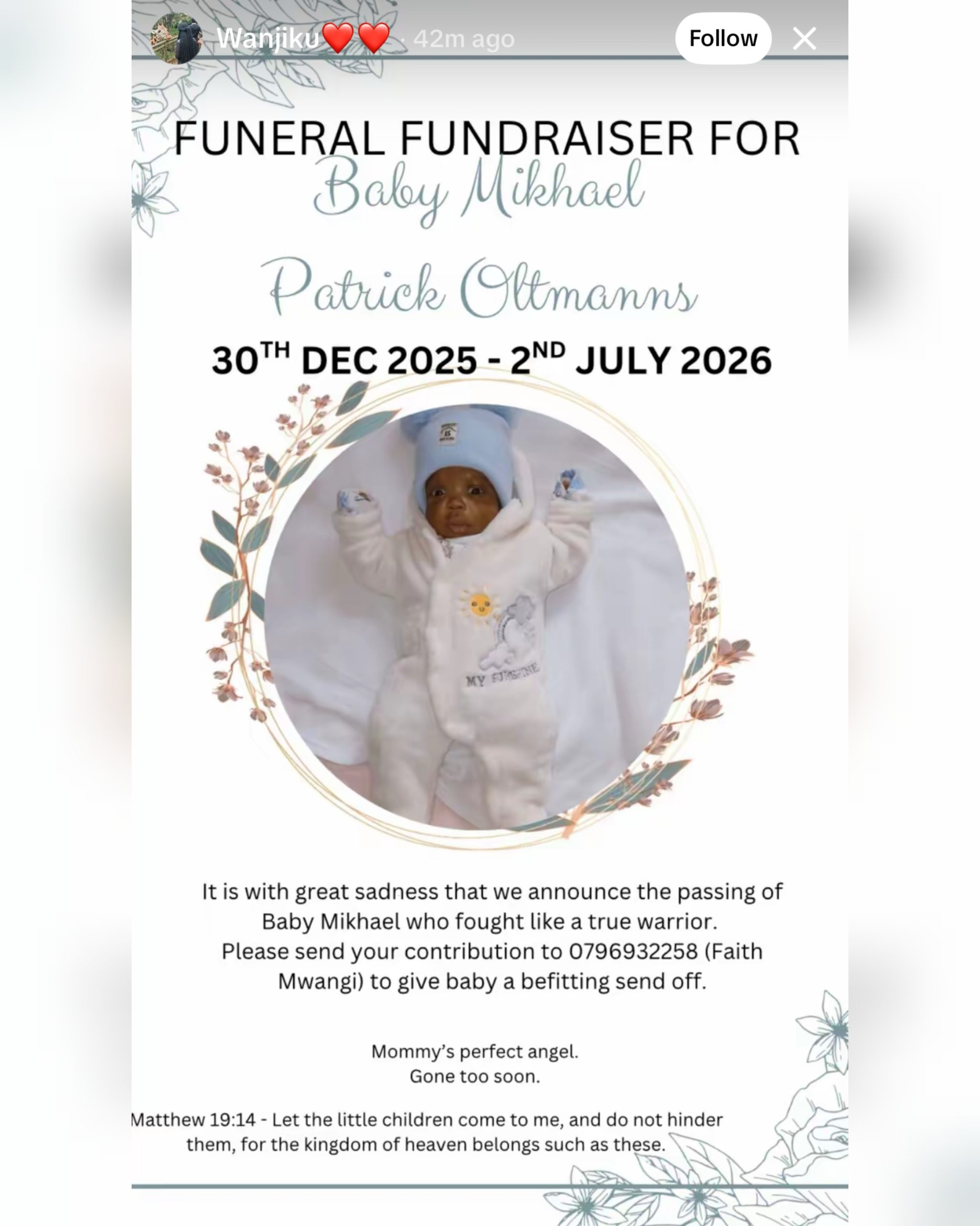 Faith Wanjiku Mourns Death of Her Son By Kerry Martin, Mikhael Patrick Ottmanns