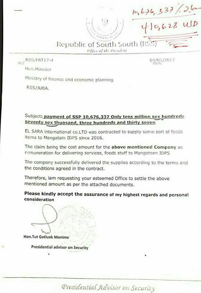 South Sudan Presidential Advisor resigns after writing “six” as Sex”