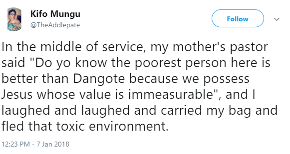 Twitter user walks out of church after pastor said “ it’s better to be poor than to be rich save Dangote”