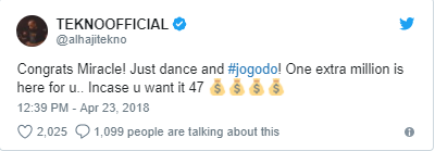 Singer Tekno offers BBNAIJA Miracle extra #1 million Naira for winning